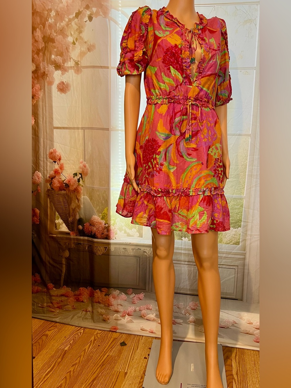 FARM Rio Pink Floral Tie-Waist Ruffle Mini Dress